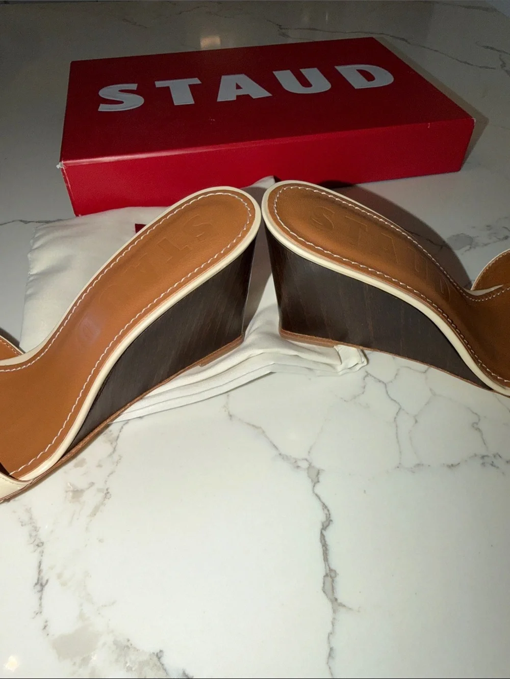 New in box! STAUD Billie Wedge Sandals in Cream and Wood